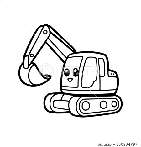 Cute cartoon excavator playing on a construction site during bright daylight hours Cute cartoon excavator playing on a construction site during bright daylight hours 130934797