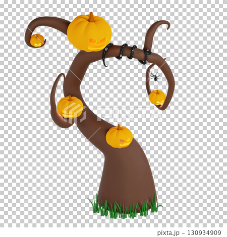 3d halloween tree decorated with jack-o'-lanterns and spooky ornaments, festive holiday concept isolated on transparent background 130934909