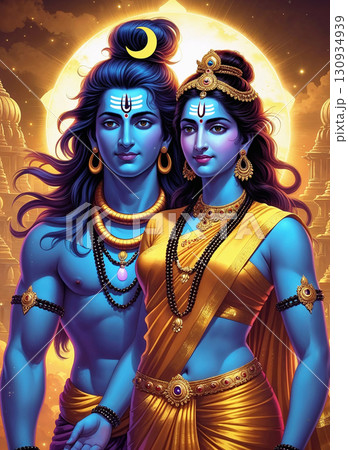 Lord Shiva and Goddess Parvati Blessing with Radiant Smiles, a Vibrant Digital Painting of Hindu Deities. 130934939