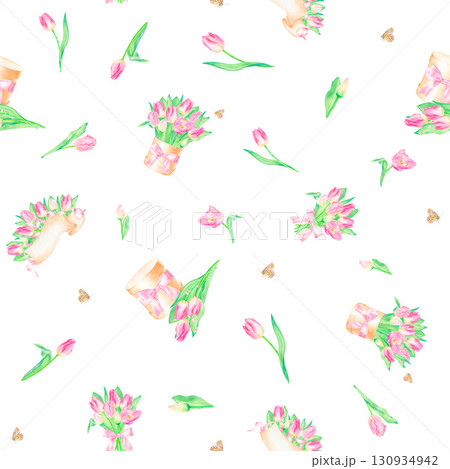 Festive seamless pattern with bouquet, template, box with bow, pink tulips, butterfly hand drawn in watercolor. 130934942
