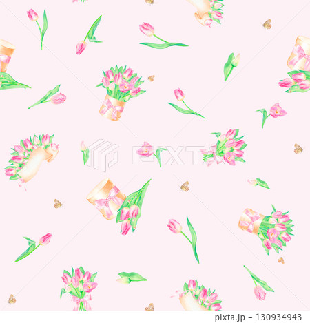 Festive seamless pattern with bouquet, template, box with bow, pink tulips, butterfly hand drawn in watercolor. 130934943
