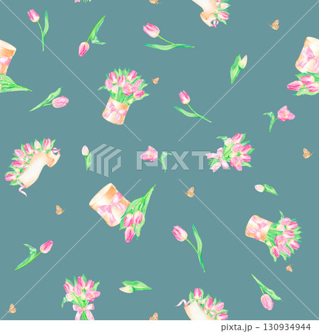 Festive seamless pattern with bouquet, template, box with bow, pink tulips, butterfly hand drawn in watercolor. 130934944