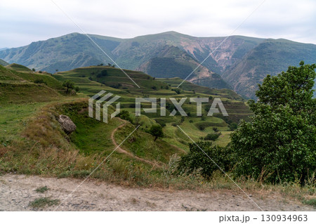Chokhsky terraces Dagestan. Landscape of mountainous Dagestan with terraced fields and peaks mountains in the distance. 130934963