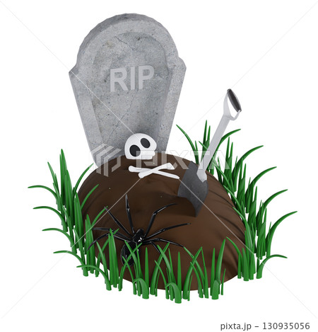 Spooky 3d cemetery scene with weathered tombstone, skull and giant spider, halloween horror setting 130935056