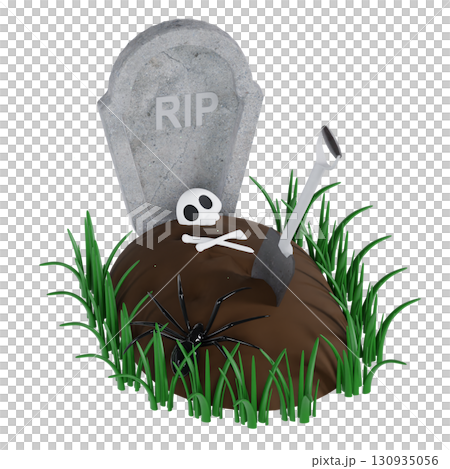 Spooky 3d cemetery scene with weathered tombstone, skull and giant spider, halloween horror setting Spooky 3d cemetery scene with weathered tombstone, skull and giant spider, halloween horror setting 130935056