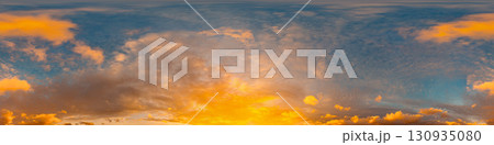 360 panorama of glowing sunset sky with bright pink Cumulus clouds. HDR 360 seamless spherical panorama. Full zenith or sky dome sky replacement for aerial drone panoramas. Climate and weather change. 130935080