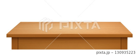 Wooden table. Wood desk, side and perspective view, brown kitchen tabletop with texture. Empty product counter, display. 3D realistic furniture isolated vector illustration 130935223