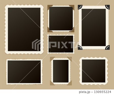 Retro photo frames. Old paper picture square frame for vintage photograph album and scrapbook. Family portrait, nostalgia photography with torn borders and corners. Vector template set 130935224