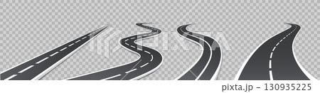 Road, winding highway. 3d asphalt path, car traffic curved way in perspective, journey pathway. Realistic race track, abstract street, speedway transport concept, infographics. Vector set 130935225