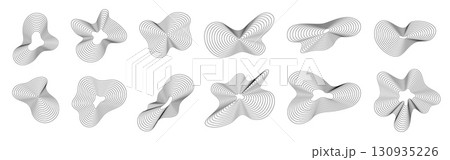 Dynamic wavy line shapes. Abstract organic amorphous wave shape with ripple, simple pattern fluid. Sound pulse graphic 3d spectrum. Digital spiral blob, black blend liquid effect. Vector set 130935226