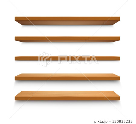 Wooden shelves. Wood shelf, 3D empty wall bookshelf with shadow and perspective, book box, bar furniture for store display or home library. Vector isolated realistic template 130935233