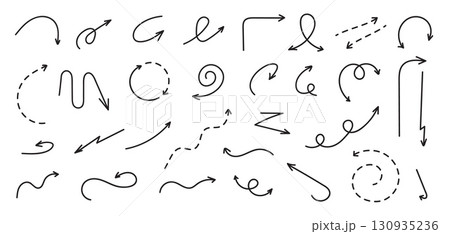 Hand drawn arrows in curved, dashed, spiral, wavy shapes with black marker or pen style. Directional arrow doodle elements. Isolated line sketch arrowhead pointers vector set Hand drawn arrows in curved, dashed, spiral, wavy shapes with black marker or pen style. Directional arrow doodle elements. Isolated line sketch arrowhead pointers vector set 130935236