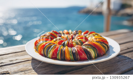 Exquisite ratatouille with fresh vegetables, perfectly arranged in a circular pattern, ready to delight your senses. A taste of summer served on a rustic wooden table with Sea in background. Exquisite ratatouille with fresh vegetables, perfectly arranged in a circular pattern, ready to delight your senses. A taste of summer served on a rustic wooden table with Sea in background. 130935267