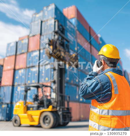A professional worker directs port operations, with a walkie-talkie in hand, overseeing the movement of shipping containers by a heavy-duty forklift on a busy day at the harbor 130935270
