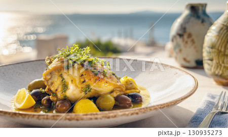 A close-up shot of a gourmet Mediterranean chicken dish garnished with herbs and olives. It is served on an elegant plate on a table with sea background, creating a stunning dining experience 130935273