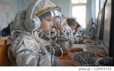 A child in an astronaut costume, complete with a helmet and headphones, intently uses a computer. Themes of excitement of learning and imagination, blending technology with dreams of space exploration 130935319