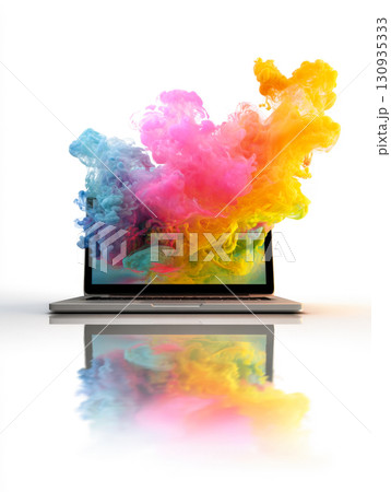 Vibrant Clouds of Multi-Colored Ink Exploding Out of a Laptop Screen with a Reflection Below. Symbolizes Digital Creativity, Artistic Expression, and the Exciting World of Modern Technology. Vibrant Clouds of Multi-Colored Ink Exploding Out of a Laptop Screen with a Reflection Below. Symbolizes Digital Creativity, Artistic Expression, and the Exciting World of Modern Technology. 130935333