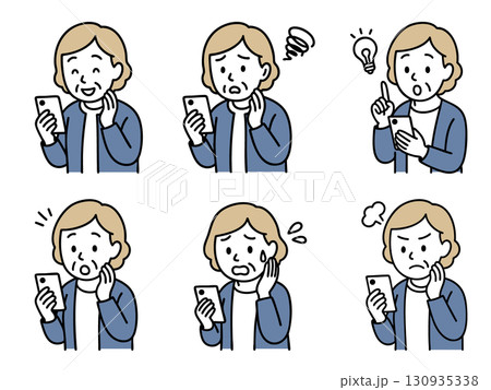 【いろいろな表情】スマートフォンを持った高齢女性 130935338