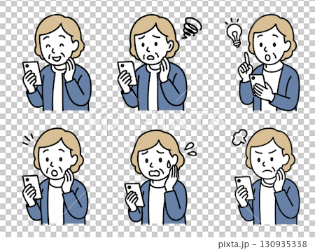 【いろいろな表情】スマートフォンを持った高齢女性 130935338