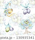 Olives and olive oil seamless pattern background wallpaper in watercolor style inspired by Italian cuisine and nature’s beauty 130935341