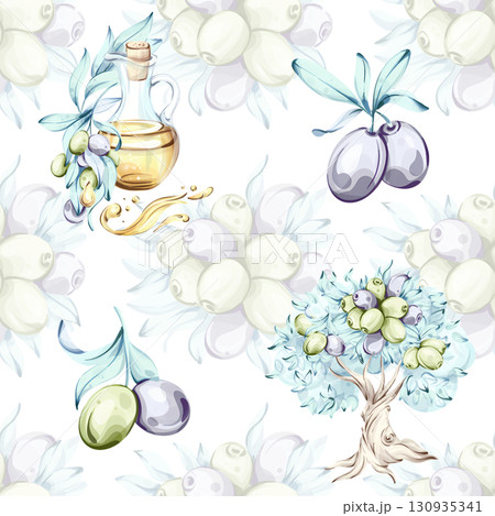 Olives and olive oil seamless pattern background wallpaper in watercolor style inspired by Italian cuisine and nature’s beauty Olives and olive oil seamless pattern background wallpaper in watercolor style inspired by Italian cuisine and nature’s beauty 130935341