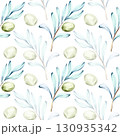 Seamless pattern of olives and olive oil in watercolor technique featuring elements of Italian cuisine and nature ideal for backgrounds and wallpapers 130935342