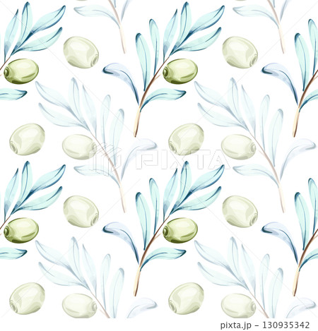 Seamless pattern of olives and olive oil in watercolor technique featuring elements of Italian cuisine and nature ideal for backgrounds and wallpapers Seamless pattern of olives and olive oil in watercolor technique featuring elements of Italian cuisine and nature ideal for backgrounds and wallpapers 130935342
