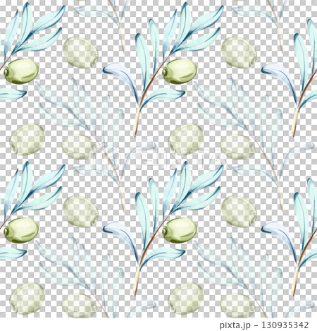 Seamless pattern of olives and olive oil in watercolor technique featuring elements of Italian cuisine and nature ideal for backgrounds and wallpapers Seamless pattern of olives and olive oil in watercolor technique featuring elements of Italian cuisine and nature ideal for backgrounds and wallpapers 130935342