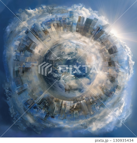 An artistic, surreal image of miniature planet with modern city buildings, skyscrapers covering its surface. Earth is at the center, surrounded by clouds, representing global connectivity, technology 130935434