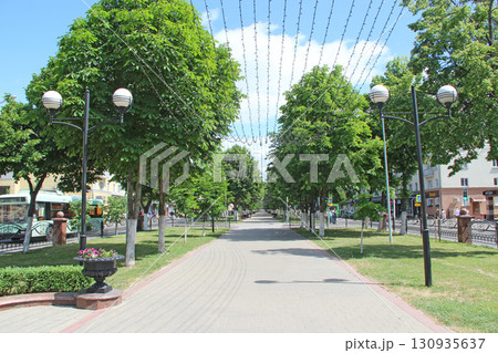 Urban panorama with trees in city park and cars. Urban view. City park in Gomel Urban panorama with trees in city park and cars. Urban view. City park in Gomel 130935637