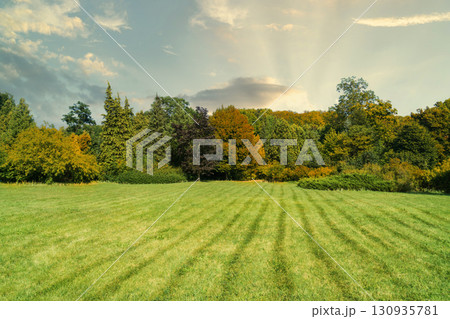 Vibrant green field surrounded by colorful trees during an afternoon in early autumn 130935781