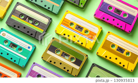 Collection of colorful vintage audio cassette tapes lying on a green background. A close-up shot of retro music cassettes from the 80s and 90s, a symbol of old-fashioned music technology 130935813