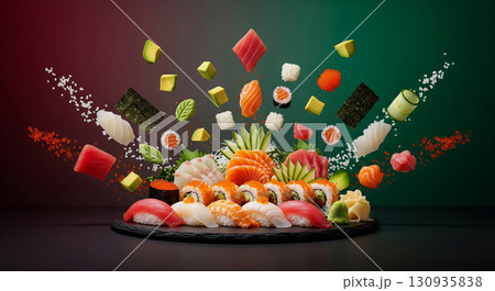 Sushi ingredients are artistically arranged in mid-air, showcasing a vibrant mix of colors and textures. This creative presentation highlights the dish's freshness in a restaurant's menu. Sushi ingredients are artistically arranged in mid-air, showcasing a vibrant mix of colors and textures. This creative presentation highlights the dish's freshness in a restaurant's menu. 130935838