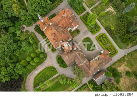 Aerial drone view over palace of Counts Schonborn. Chynadiieve, Ukraine. 130935894