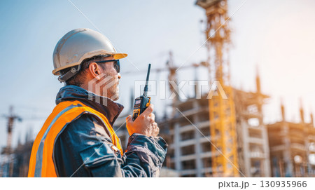 A dedicated construction manager is captured in a powerful moment, looking out at a vast construction site while holding a walkie-talkie. His hard hat and high-visibility vest signify his authority 130935966