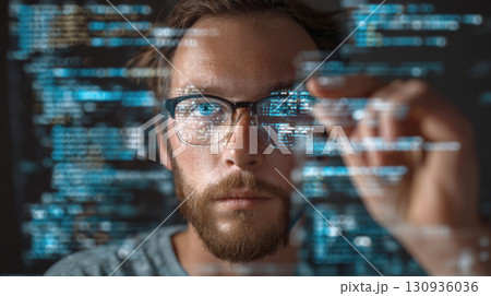 A closeup portrait of a focused man wearing glasses, with a reflection of blue-tinted code on the lenses. He is pointing at a screen, highlighting the concept of programming, data, and technology 130936036