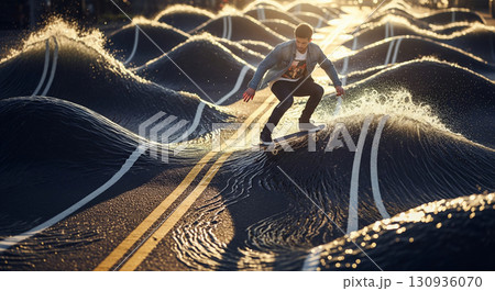 A man skillfully surfs on a surfboard, navigating the waves that flow over an asphalt road. The scene features unique road markings and a vibrant sunset in the background. 130936070