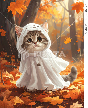A cat with a small ghost costume is sitting on a pile of autumn leaves. 130936173