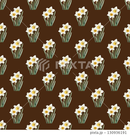 Seamless pattern with watercolor white daffodils and spring elements on clean brown background. Ideal for seasonal branding and stationery 130936191