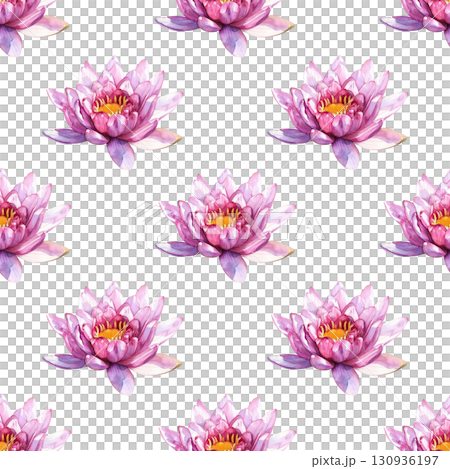 Seamless pattern with watercolor pink lotuses and aquatic elements on clean white background. Ideal for spa branding and meditation projects Seamless pattern with watercolor pink lotuses and aquatic elements on clean white background. Ideal for spa branding and meditation projects 130936197