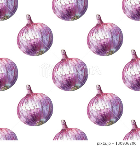 Culinary seamless pattern featuring watercolor purple onions with rustic charm. Perfect for food blogs and farm projects 130936200