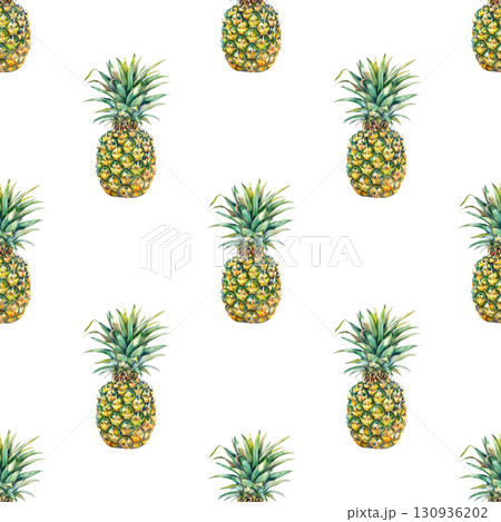 Sunny pineapple seamless watercolor pattern with botanical accents. White background for tropical branding and packaging projects 130936202