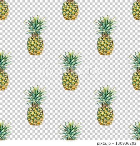 Sunny pineapple seamless watercolor pattern with botanical accents. White background for tropical branding and packaging projects 130936202