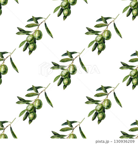 Mediterranean olive branch seamless watercolor pattern with organic textures and peaceful symbolism. Ideal for eco-conscious branding and packaging Mediterranean olive branch seamless watercolor pattern with organic textures and peaceful symbolism. Ideal for eco-conscious branding and packaging 130936209