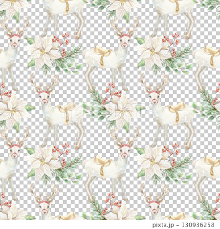 Christmas seamless pattern with white reindeer, poinsettia flowers, fir branches and sprigs of red berries. Hand drawn watercolor illustration. Pastel New Year clip art for wrapping paper and textiles 130936258