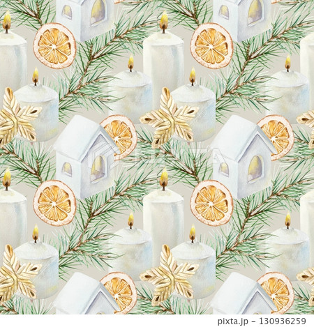Christmas seamless pattern with fir branches, candles, candlesticks house and dried orange slices. Hand drawn watercolor illustration. Pastel New Year clip art for wrapping paper and textiles. Christmas seamless pattern with fir branches, candles, candlesticks house and dried orange slices. Hand drawn watercolor illustration. Pastel New Year clip art for wrapping paper and textiles. 130936259