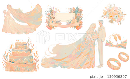 花束を持った新郎新婦とウェディングドレスのイラスト 130936297