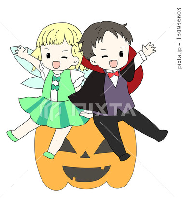 ハロウィン|吸血鬼の男の子&妖精の女の子とかぼちゃ(背景透過) ハロウィン|吸血鬼の男の子&妖精の女の子とかぼちゃ(背景透過) 130936603