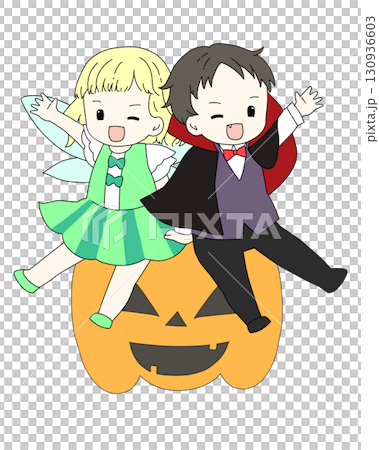 ハロウィン|吸血鬼の男の子&妖精の女の子とかぼちゃ(背景透過) ハロウィン|吸血鬼の男の子&妖精の女の子とかぼちゃ(背景透過) 130936603