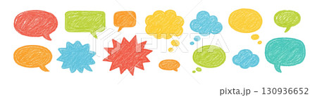 Speech bubbles doodle drawn crayons. Pencil talk speech cloud balloon box dialogue message vector Speech bubbles doodle drawn crayons. Pencil talk speech cloud balloon box dialogue message vector 130936652